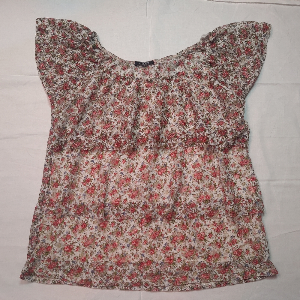 Deb Blouse Women's Multicolor Floral Sheer Lace Tee Short Sleeve Round Neck Top